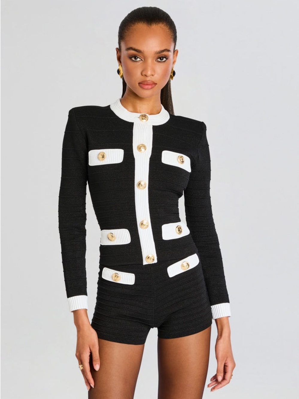 Retrofête Calla Jacket XS NWT Black White Knit Gold Button Cardigan